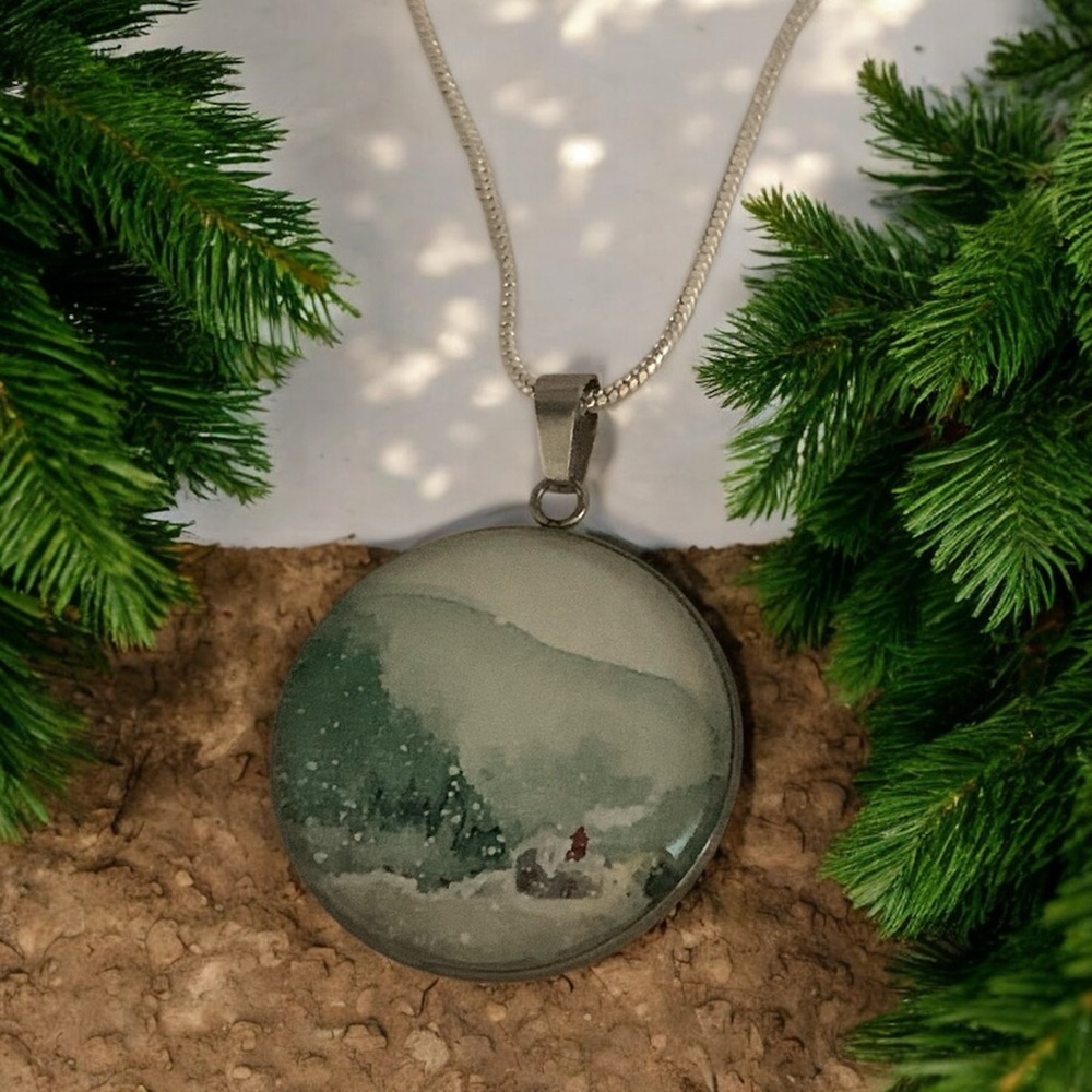 Original Watercolor Artwork Under Glass Scenic Pendant Necklace